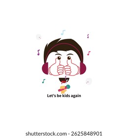 A cheerful cartoon character in the form of a human face wearing headphones, giving two thumbs up while surrounded by colorful musical notes and hands holding up a microphone. Perfect for educational.
