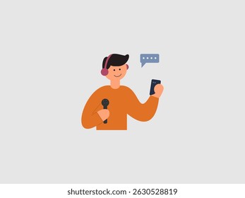 A cheerful cartoon character with headphones holds a microphone and a smartphone with a speech bubble