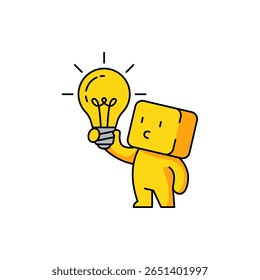 A cheerful cartoon character holds a glowing light bulb, symbolizing creativity and innovation. The bright yellow figure captivates with its playful design.