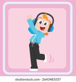 Cheerful cartoon character listening to music and dancing.