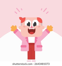 Cheerful Cartoon Character with Open Arms in Pink Illustration