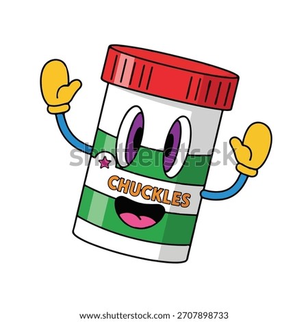 A cheerful cartoon character resembling a container with a red lid, green stripe, and "CHUCKLES" label, happily waving its gloved hands.