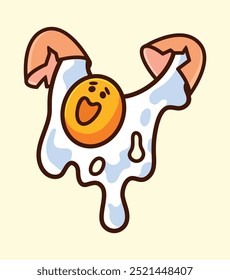 Cheerful Cartoon Character with a Smiling Face Surrounded by a Whimsical Splash of Fried Egg and Shrimp Design