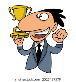 A cheerful cartoon character in a suit holding a trophy, expressing joy and success