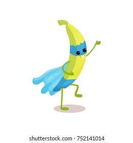 Cheerful cartoon character of superhero banana with blue cape and mask in actoin