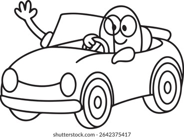 A cheerful cartoon character waves from the driver's seat of a classic convertible car.  Simple line art, perfect for children's books, coloring pages, or playful designs.