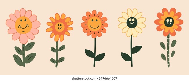 Cheerful cartoon characters of groovy flowers, featuring a happy daisy with eyes and a smile.