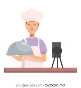 Cheerful cartoon chef holding a cloche with a professional camera on a tripod in the background