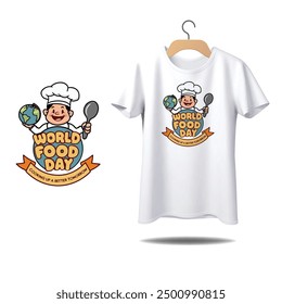 A cheerful cartoon chef holding a globe and a cooking spoon with the text World Food Day in playful, bold letters and a banner reading Cooking Up a Better Tomorrow