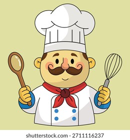 A cheerful cartoon chef in a white hat and coat, holding a wooden spoon and a whisk, with a red scarf and blue buttons, on a pale yellow background.