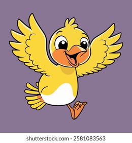 A cheerful cartoon chick with bright yellow feathers, orange beak and feet, and big black eyes flaps its wings against a purple background.