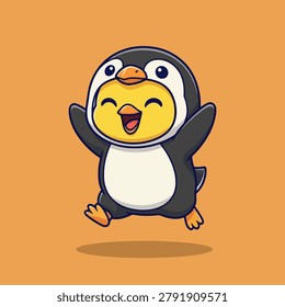 A cheerful cartoon chick dressed in a penguin costume, captured mid-jump with arms outstretched in excitement.
