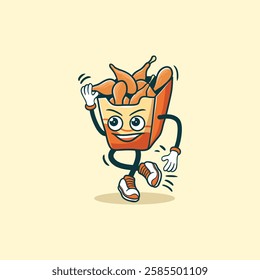 A cheerful cartoon chicken box character dances joyfully with arms and legs, showcasing a box full of fried chicken.