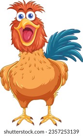 A cheerful cartoon chicken with brown feathers, isolated on a white background