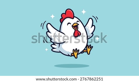 A cheerful cartoon chicken jumping with joy against a light blue background.