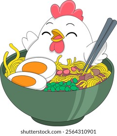 A cheerful cartoon chicken sitting in a bowl of ramen filled with noodles, boiled eggs, vegetables, and chopsticks, embodying a lively and appetizing theme