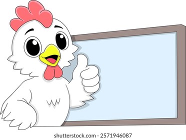 A cheerful cartoon chicken with a thumbs up gesture standing next to a blank board, perfect for adding text or promotional messages