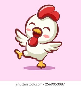 A cheerful cartoon chicken vector character with a happy expression, flapping its wings and standing on one leg. 