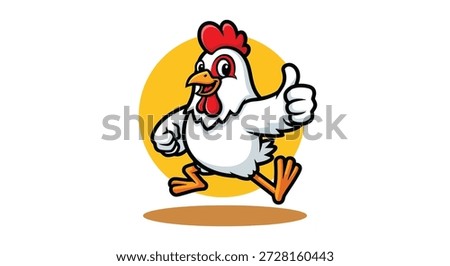 A cheerful cartoon chicken with white feathers, a red comb, and orange legs, giving a thumbs up.