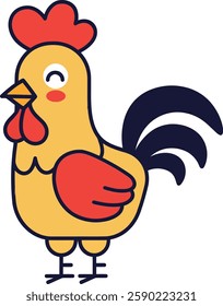 A cheerful cartoon chicken with a yellow body and red wings stands proudly, showcasing a friendly expression in a lively, minimal design.