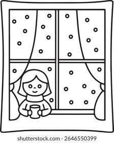 A cheerful cartoon child with a cup of hot beverage looks out a window at falling snowflakes. The simple line art illustration is isolated on a white background, perfect for winter themes.