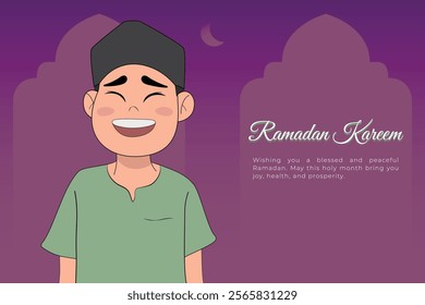 A cheerful cartoon child in Muslim attire, standing upright with a bright smile, expressing joy and excitement for Ramadan. The background features a night sky with a crescent moon or Ramadan elements