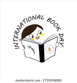 Cheerful cartoon child reading an open book with rocket and horse desig