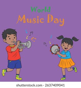 Cheerful Cartoon Children Playing Musical Instruments for World Music Day Celebration