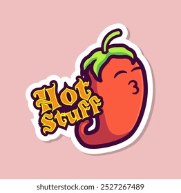 Cheerful Cartoon Chili Pepper Character with 'Hot Stuff' Text, Perfect for Spicy Food Illustrations and Merchandise