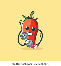 A cheerful cartoon chili pepper character is depicted lifting weights, promoting healthy eating and fitness.