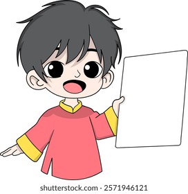 A cheerful cartoon Chinese boy wearing a traditional red outfit and holding a blank board, perfect for adding custom text or messages