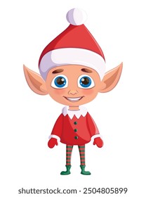 A cheerful cartoon Christmas elf dressed in a red outfit with a Santa hat and green shoes.