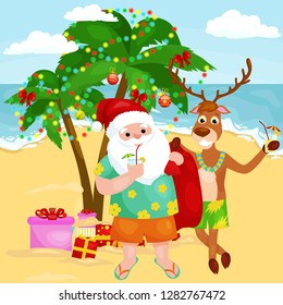 Cheerful cartoon christmas friends together on sunny beach