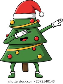 A cheerful cartoon Christmas tree adorned with colorful ornaments strikes a fun dab dance pose, exuding holiday spirit and joy in a playful setting.