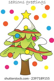 A cheerful cartoon Christmas tree covered in colorful polka dots and topped with a star gleams against a crisp white background. Christmas Illustration Vector