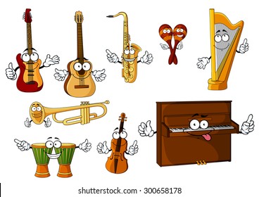 Cheerful cartoon classic musical instruments characters with african djembe drums, upright piano, harp, mexican maracas, trumpet, saxophone, violin, guitars isolated on white background