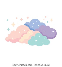 Alegre nube de dibujos animados con estrellas brillantes y nubes esponjosas, que ilustra una atmósfera encantadora de fondo blanco de Ilustración vectorial plana