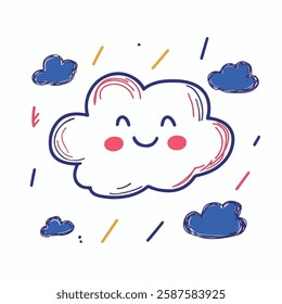 A cheerful cartoon cloud with a smiling face, surrounded by smaller clouds and colorful lines.