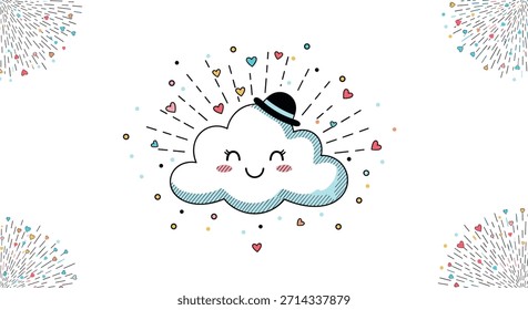 Cheerful cartoon cloud wearing a hat smiles across a bright playful scene filled with hearts sunbursts and decorative marks for joyful weather themed imagery.
