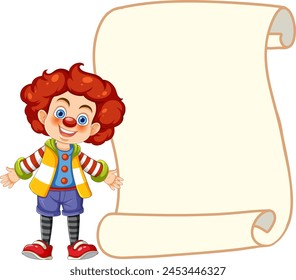 Payaso de dibujos animados alegre que presenta un pergamino vacío