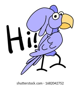 Cheerful cartoon cockatoo in purple. The parrot stands at full height and says hello. Feathered vector character on a white background. The emotion of friendliness and greeting. Funny character.