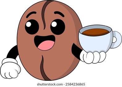 A cheerful cartoon coffee bean mascot with big eyes and a happy expression, holding a steaming cup of coffee