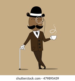 Cheerful cartoon coffee character bean with mustache dressed in retro fashion holding mug with hot coffee. Vector