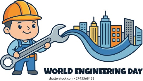 A Cheerful Cartoon Construction Worker in Blue Overalls and a Yellow Hard Hat Holding a Large Wrench with a City Skyline Silhouetted Inside the Wrench Head