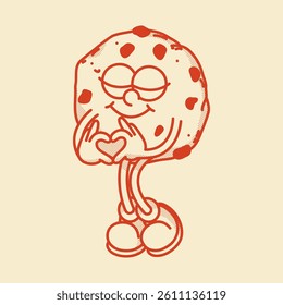 Cheerful cartoon cookie mascot character with fingers in heart love sign and cute shoes. Bakery menu symbol