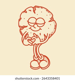 Cheerful cartoon cookie mascot character with fingers in heart love sign and cute shoes. Bakery menu symbol