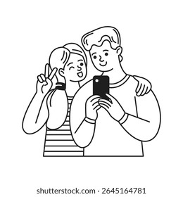 Cheerful cartoon couple taking a selfie together. Minimalist style with black and white line art on a plain background. Perfect for relationship and social media concepts.