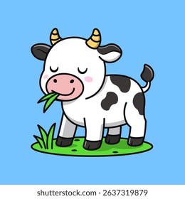 A cheerful cartoon cow with black spots enjoys munching on fresh grass while standing on a green field under a clear blue sky.
