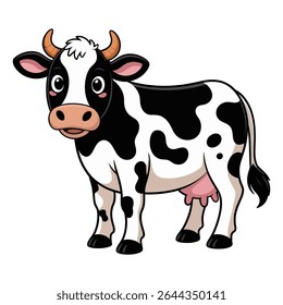 A cheerful cartoon cow with black and white spots brown horns stands against a white background The illustration is in a simple cartoon style with soft colors and a friendly expression