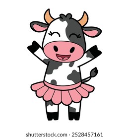 Cheerful Cartoon Cow Dressed in a Pink Tutu Dancing Ballet Illustration